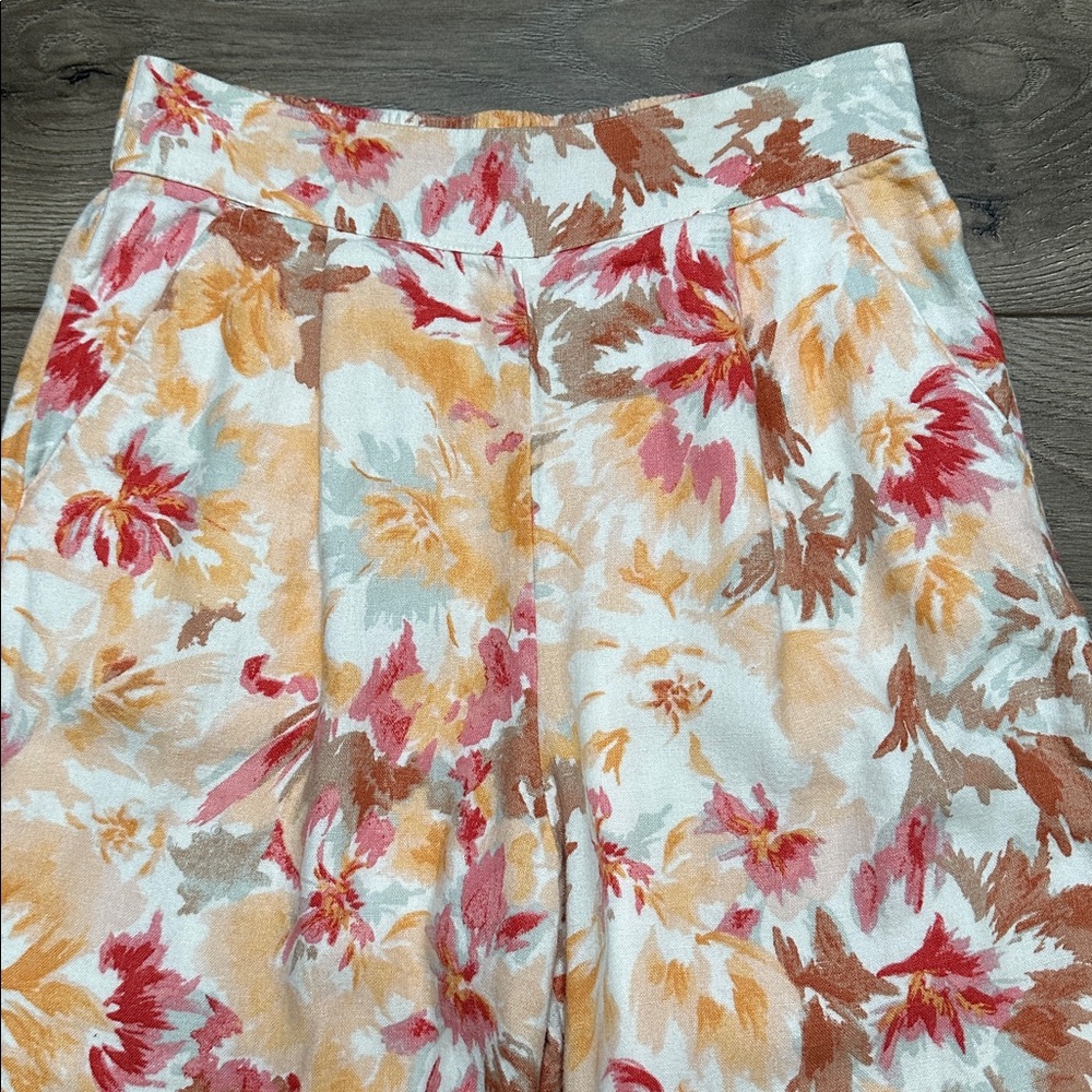 Abercrombie & Fitch High Rise Wide Leg Pleated Linen Floral Pants Orange Pink XS - Picture 4 of 14